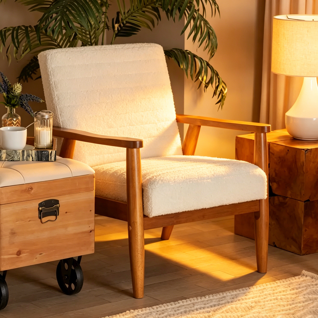 Fauteuil en tissu bouclette crème et bois de noyer de style milieu de siècle