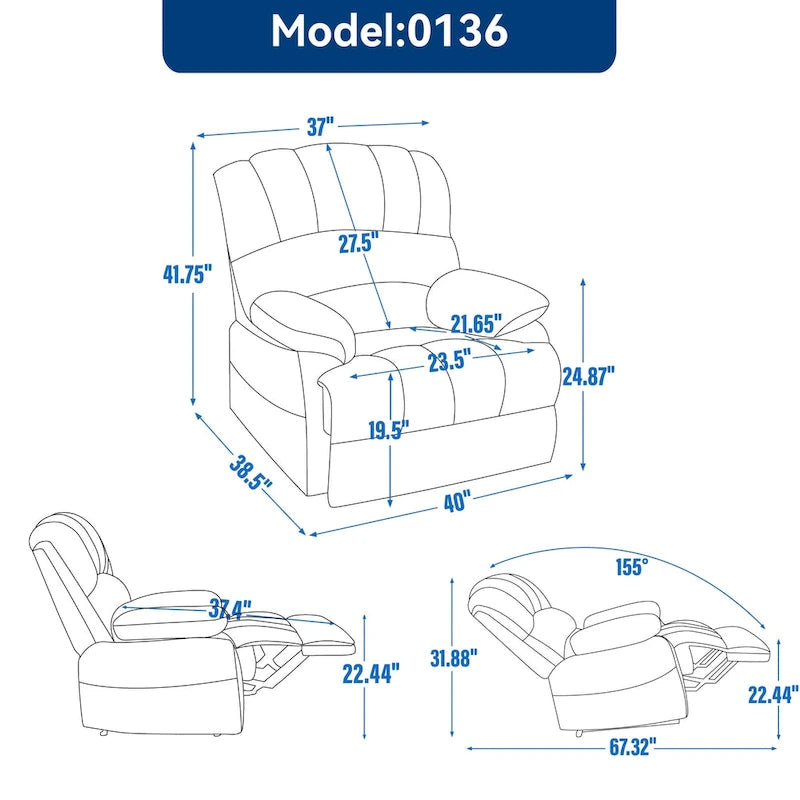 Grand fauteuil inclinable manuel en tissu pour salon