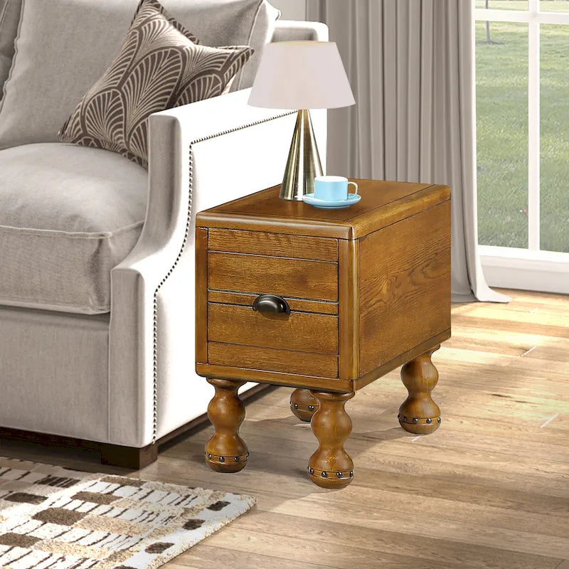 Table d'appoint en bois massif, table d'appoint étroite rectangulaire de 60 cm avec tiroir, table de chevet vintage pour petits espaces