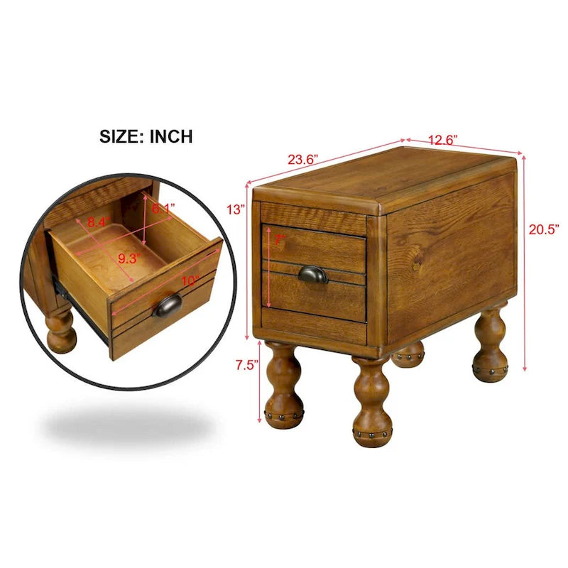 Table d'appoint en bois massif, table d'appoint étroite rectangulaire de 60 cm avec tiroir, table de chevet vintage pour petits espaces