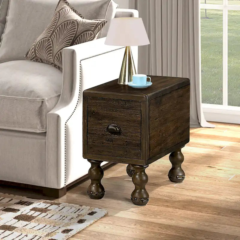 Table d'appoint en bois massif, table d'appoint étroite rectangulaire de 60 cm avec tiroir, table de chevet vintage pour petits espaces