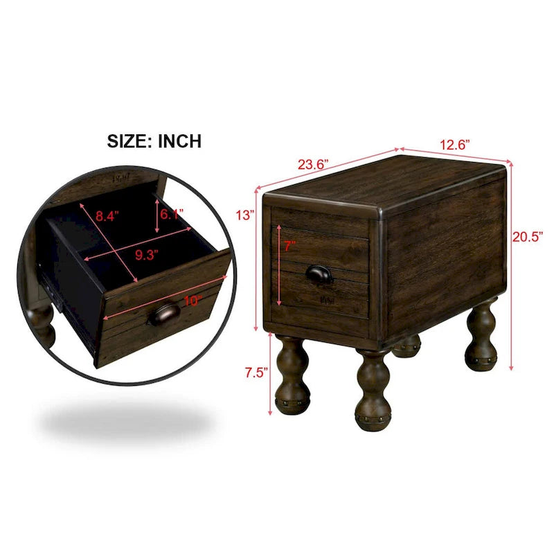 Table d'appoint en bois massif, table d'appoint étroite rectangulaire de 60 cm avec tiroir, table de chevet vintage pour petits espaces