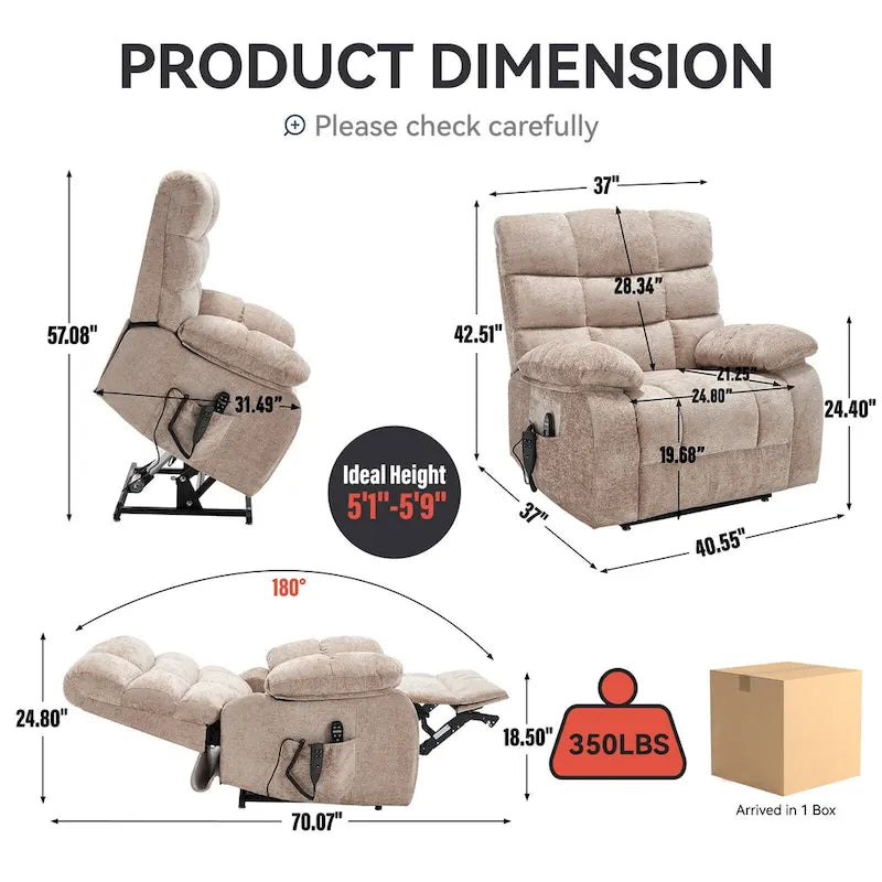 Fauteuil inclinable électrique surdimensionné en chenille avec massage et chauffage lombaire, port de charge, position allongée à 180°
