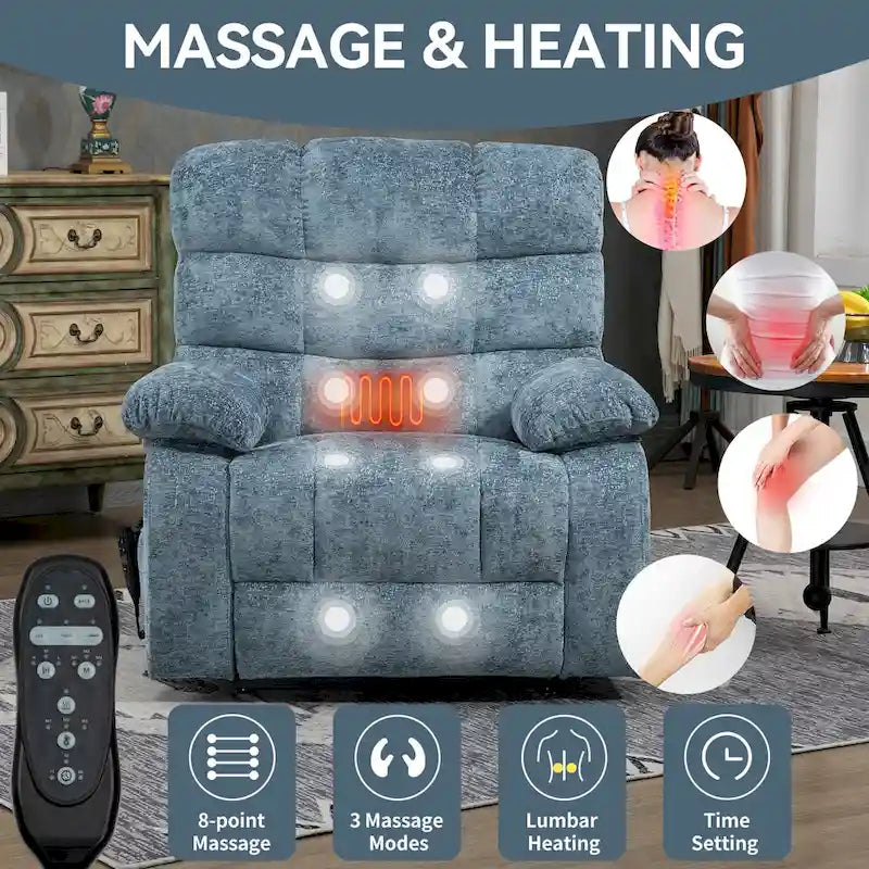Fauteuil inclinable électrique surdimensionné en chenille avec massage et chauffage lombaire, port de charge, position allongée à 180°