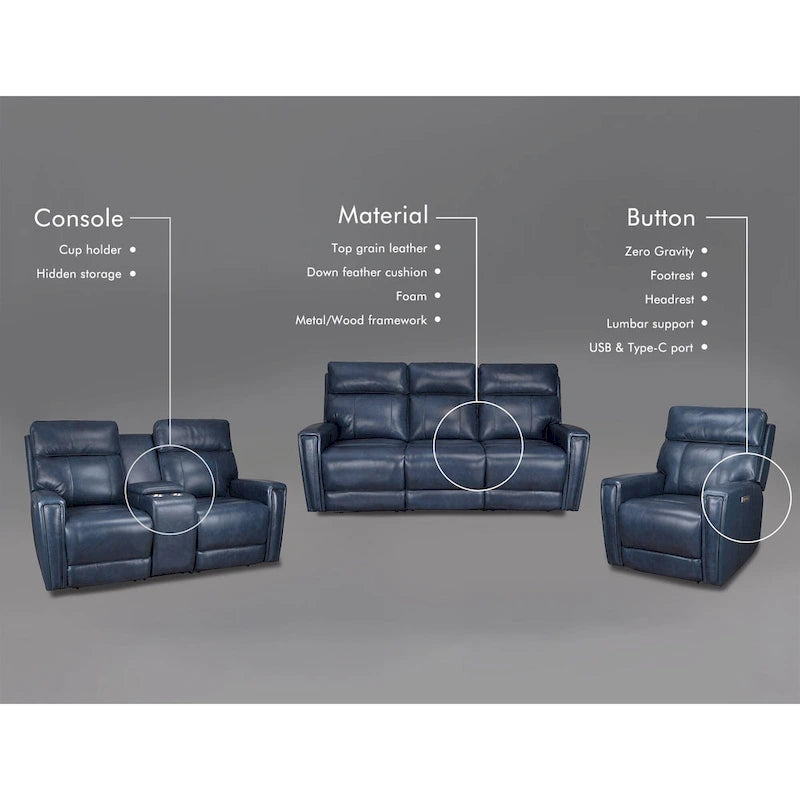 Canapé inclinable électrique en cuir véritable avec appuie-tête électrique et ports USB et USB-C, zéro gravité