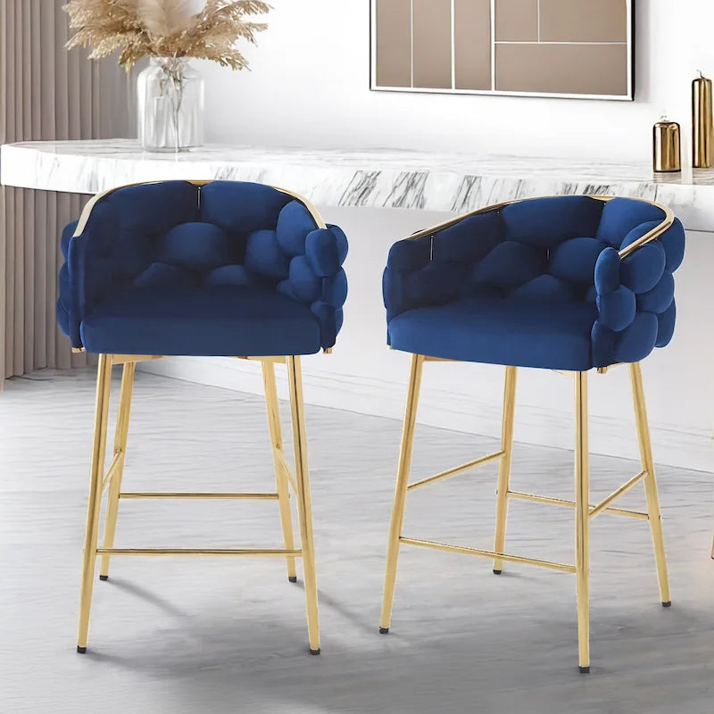 Tabourets de bar modernes de 71 cm avec dossier et assise rembourrés en velours, pieds en métal pour salle à manger, salon et chambre