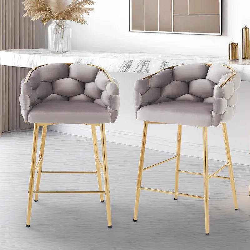 Tabourets de bar modernes de 71 cm avec dossier et assise rembourrés en velours, pieds en métal pour salle à manger, salon et chambre