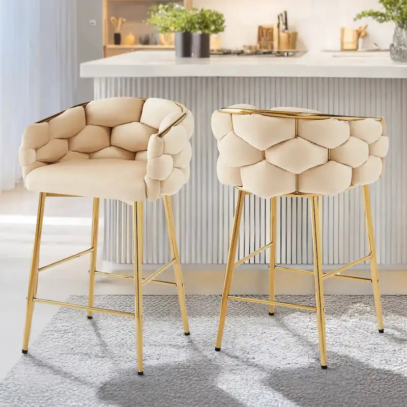 Tabourets de bar modernes de 71 cm avec dossier et assise rembourrés en velours, pieds en métal pour salle à manger, salon et chambre