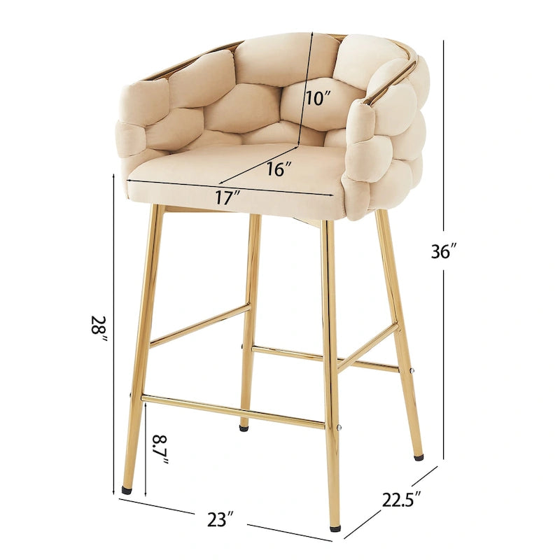 Tabourets de bar modernes de 71 cm avec dossier et assise rembourrés en velours, pieds en métal pour salle à manger, salon et chambre