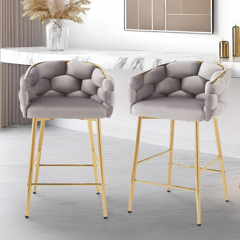 Tabourets de bar modernes de 71 cm avec dossier et assise rembourrés en velours, pieds en métal pour salle à manger, salon et chambre