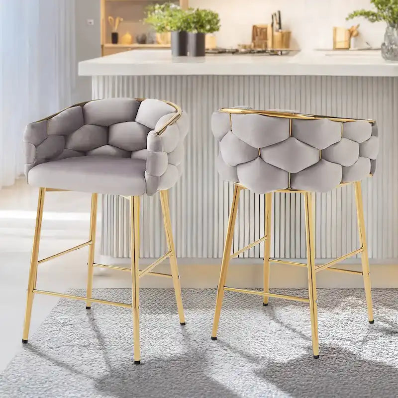 Tabourets de bar modernes de 71 cm avec dossier et assise rembourrés en velours, pieds en métal pour salle à manger, salon et chambre
