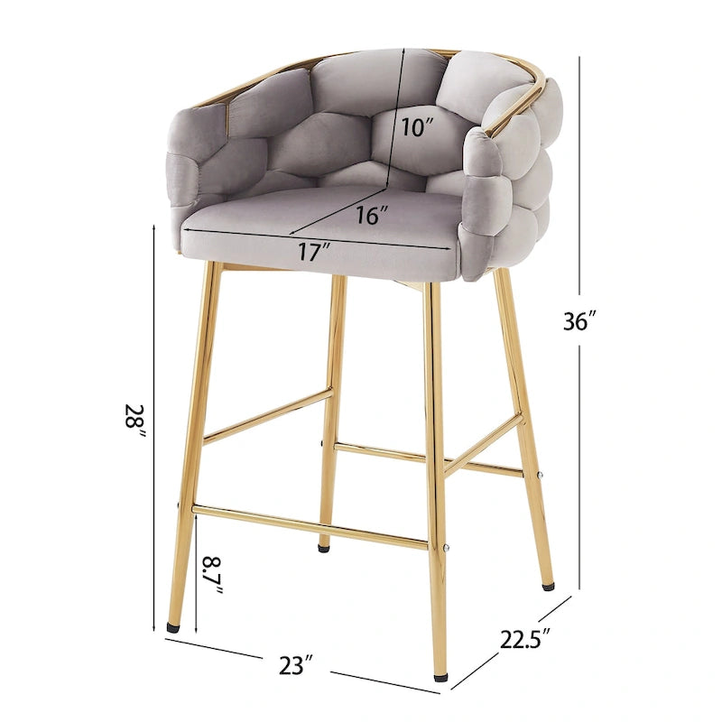 Tabourets de bar modernes de 71 cm avec dossier et assise rembourrés en velours, pieds en métal pour salle à manger, salon et chambre