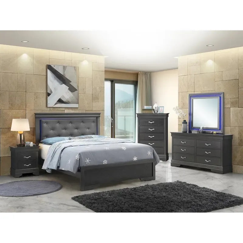 Lit capitonné Queen avec panneau et éclairage LED Jewel Upholstered - 85 - Noir