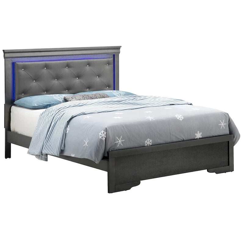 Lit capitonné Queen avec panneau et éclairage LED Jewel Upholstered - 85 - Noir