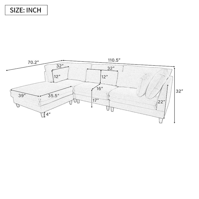 Canapé modulable contemporain avec pouf mobile et 5 coussins