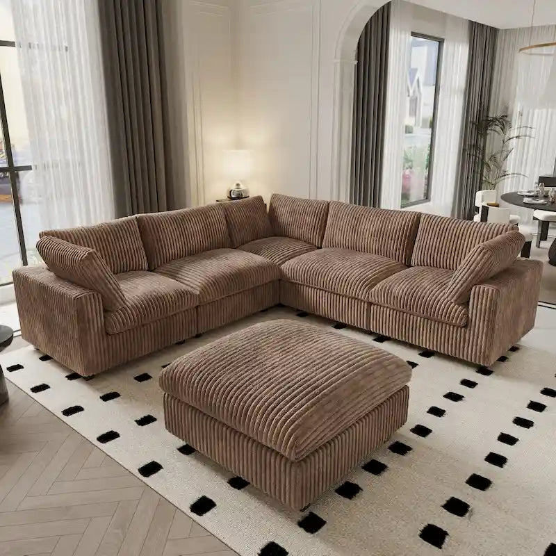 Canapé modulable, canapé convertible en V, adapté au salon, canapé confortable 5 places avec méridienne et pouf