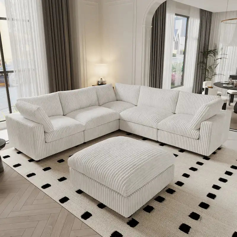 Canapé modulable, canapé convertible en V, adapté au salon, canapé confortable 5 places avec méridienne et pouf