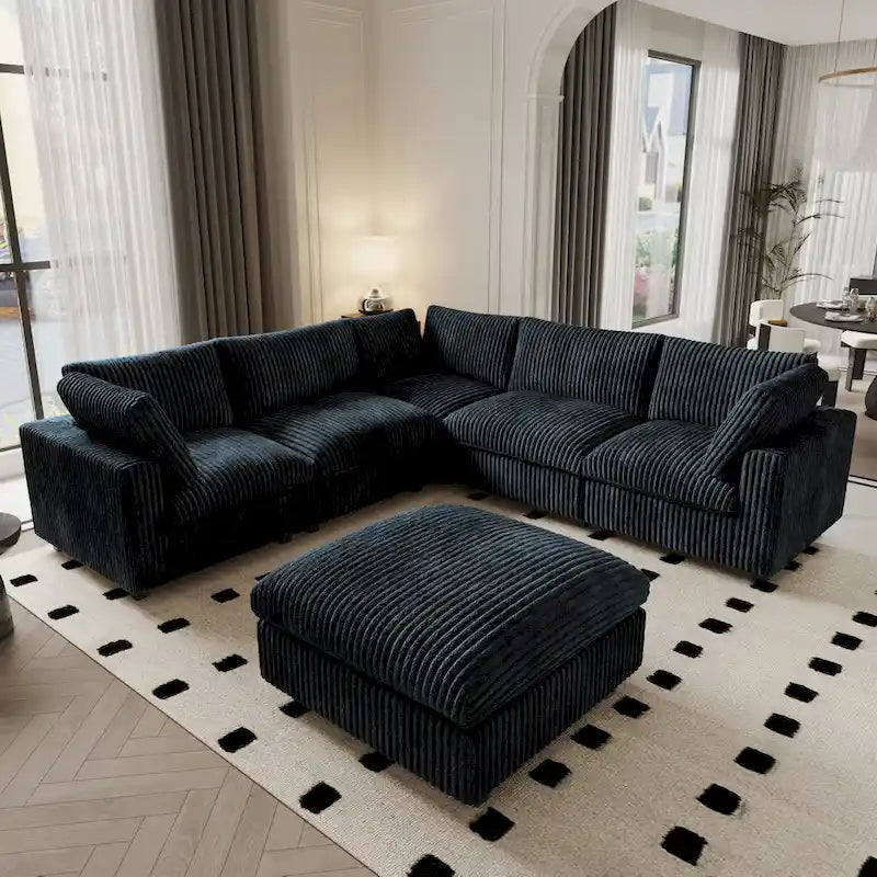 Canapé modulable, canapé convertible en V, adapté au salon, canapé confortable 5 places avec méridienne et pouf