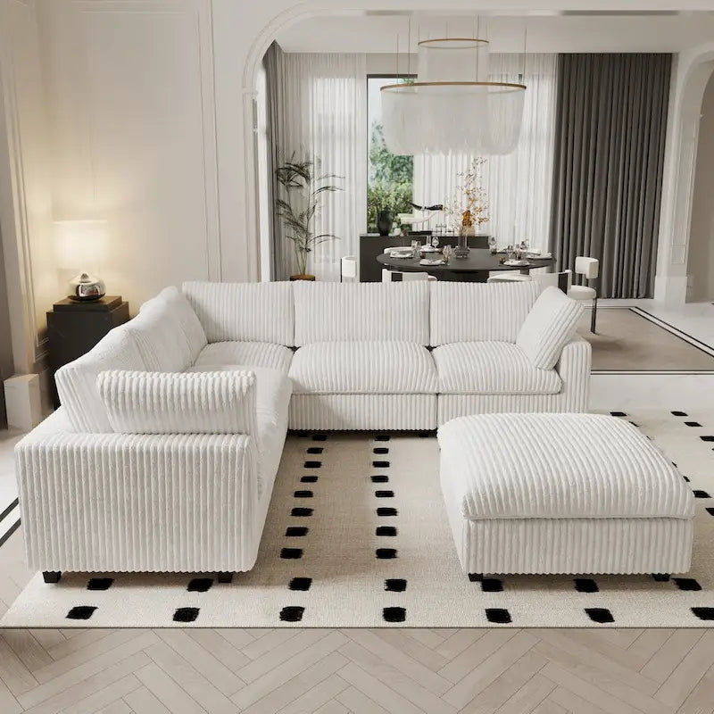 Canapé modulable, canapé convertible en V, adapté au salon, canapé confortable 5 places avec méridienne et pouf