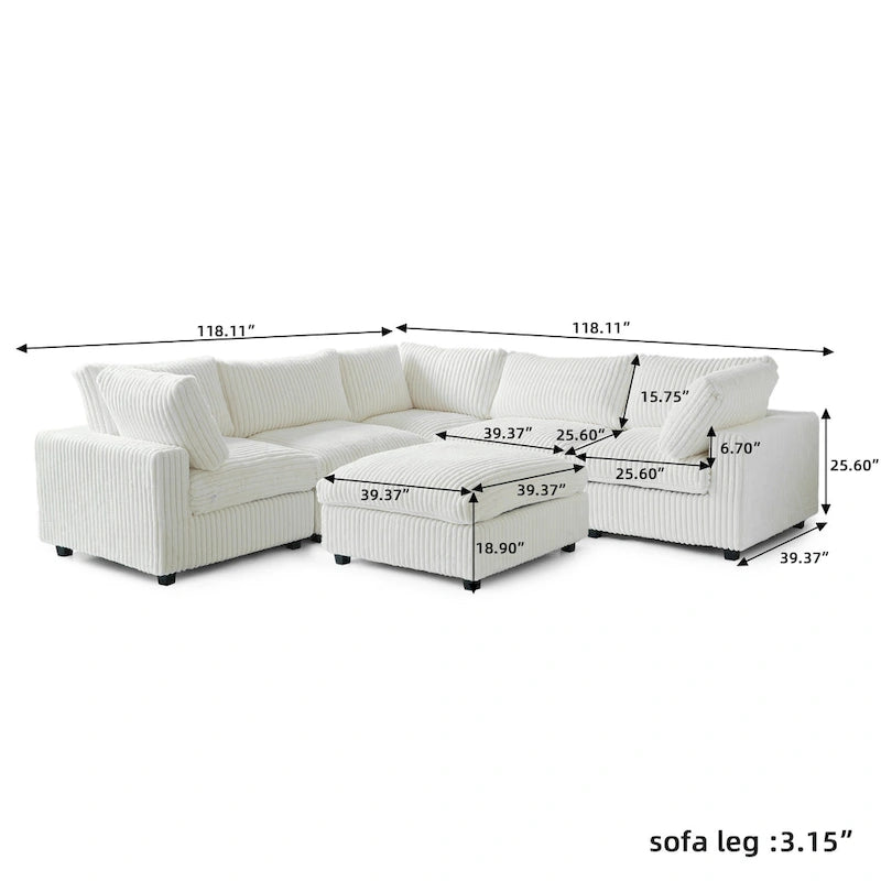 Canapé modulable, canapé convertible en V, adapté au salon, canapé confortable 5 places avec méridienne et pouf