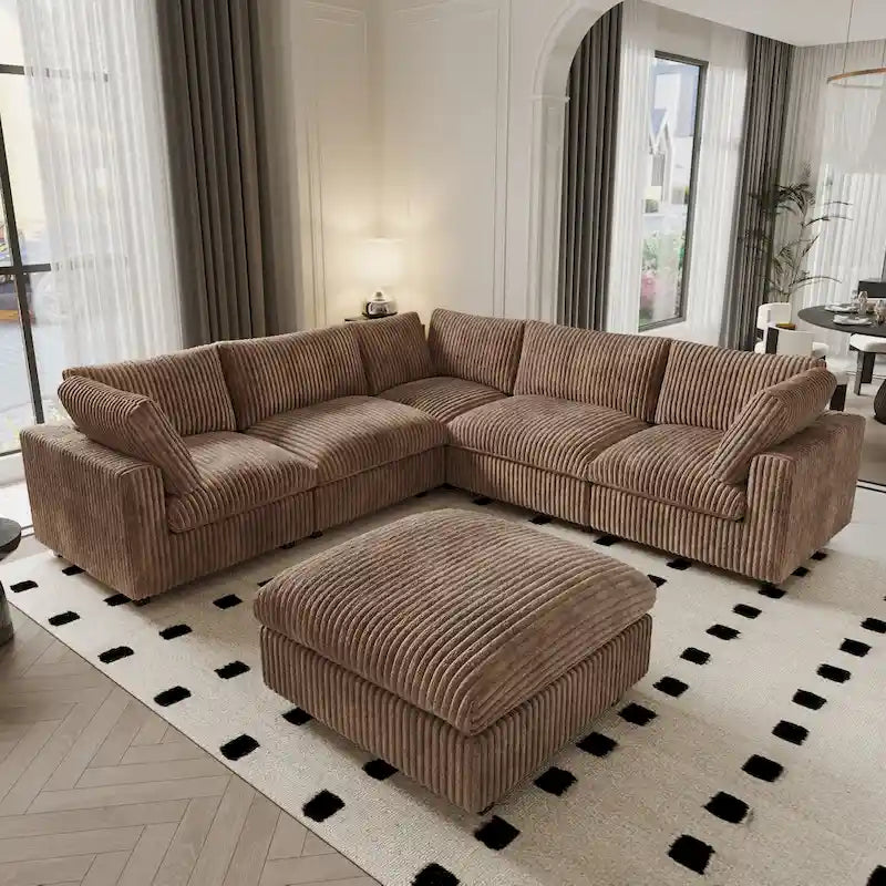 Canapé modulable, canapé convertible en V, adapté au salon, canapé confortable 5 places avec méridienne et pouf