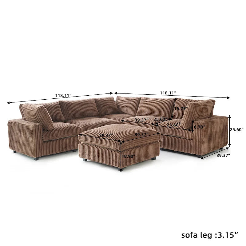 Canapé modulable, canapé convertible en V, adapté au salon, canapé confortable 5 places avec méridienne et pouf