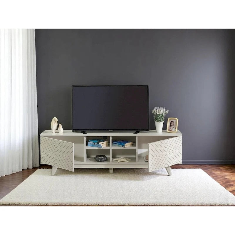 Meuble TV moderne avec 2 portes et 4 niches de rangement, centre de divertissement pour salon