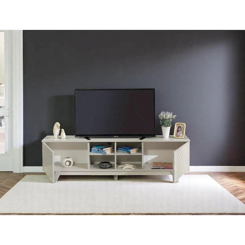 Meuble TV moderne avec 2 portes et 4 niches de rangement, centre de divertissement pour salon