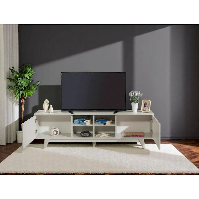 Meuble TV moderne avec 2 portes et 4 niches de rangement, centre de divertissement pour salon