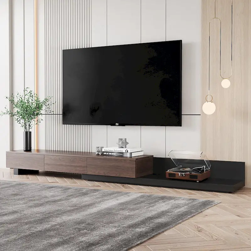 Meuble TV multimédia extensible rétractable à 3 tiroirs, 70-110 cm