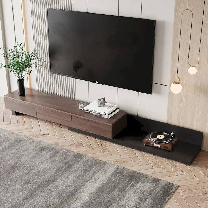 Meuble TV multimédia extensible rétractable à 3 tiroirs, 70-110 cm