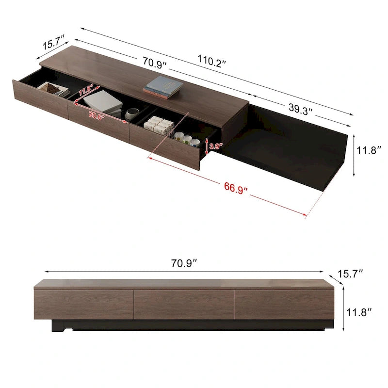 Meuble TV multimédia extensible rétractable à 3 tiroirs, 70-110 cm