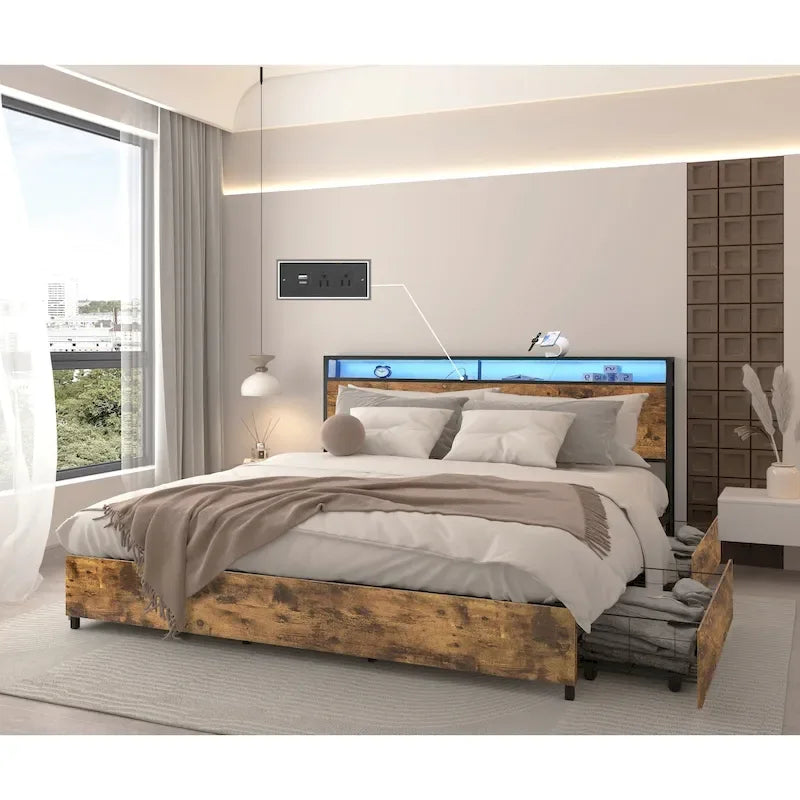 Lit de rangement King Smart avec lumières LED et station de recharge, 4 tiroirs