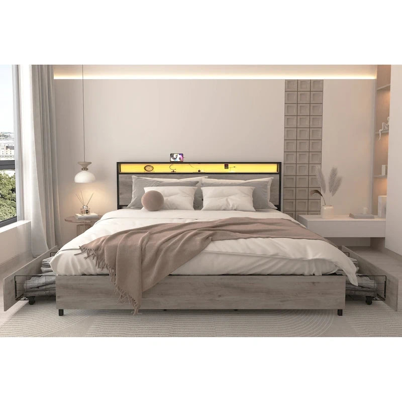 Lit de rangement King Smart avec lumières LED et station de recharge, 4 tiroirs