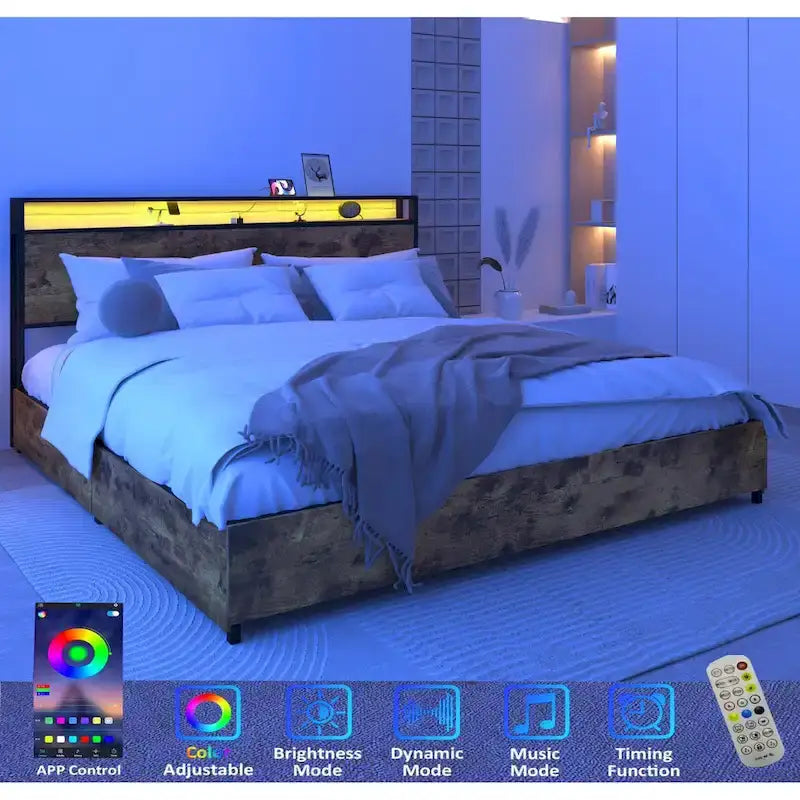 Lit de rangement King Smart avec lumières LED et station de recharge, 4 tiroirs