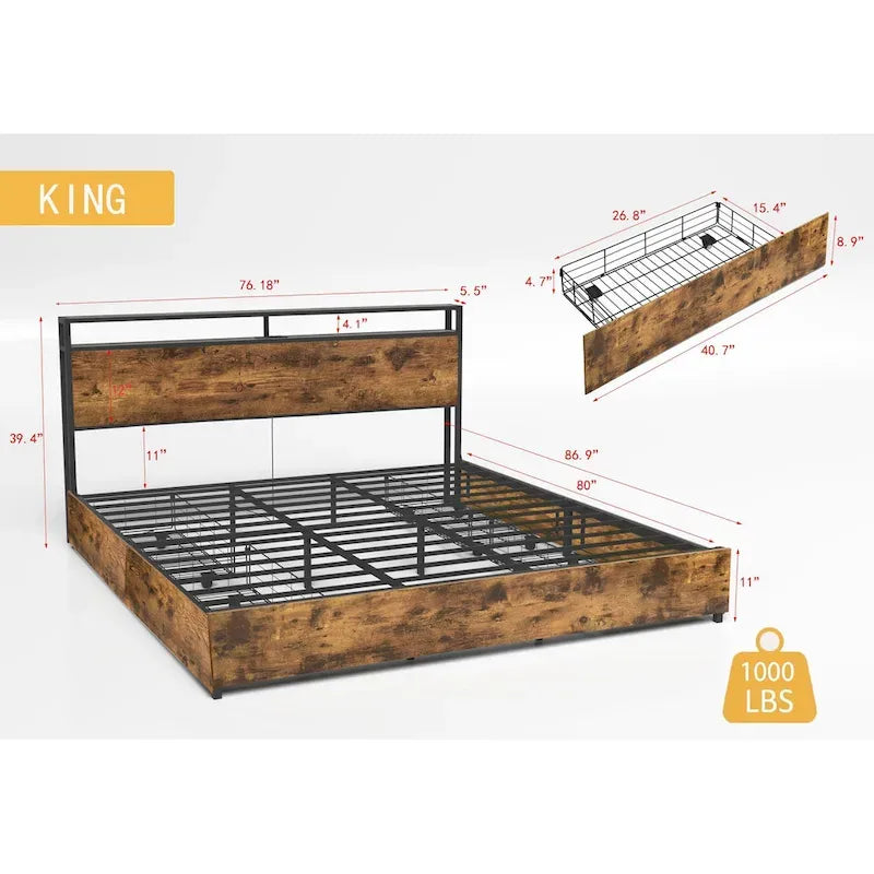 Lit de rangement King Smart avec lumières LED et station de recharge, 4 tiroirs