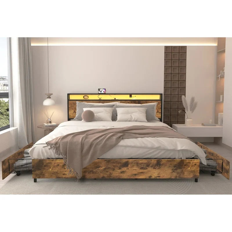 Lit de rangement King Smart avec lumières LED et station de recharge, 4 tiroirs