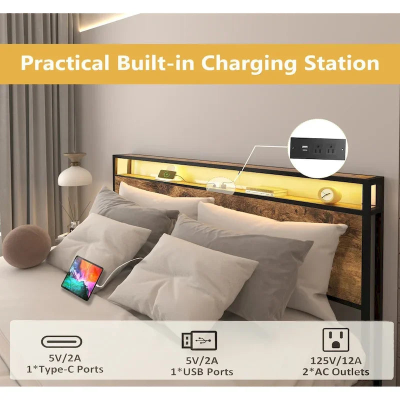 Lit de rangement King Smart avec lumières LED et station de recharge, 4 tiroirs