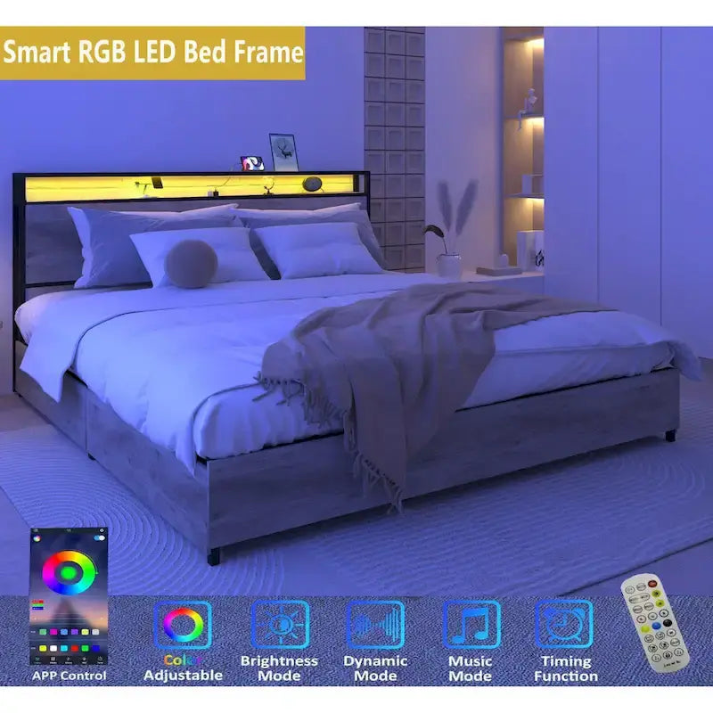 Lit de rangement King Smart avec lumières LED et station de recharge, 4 tiroirs