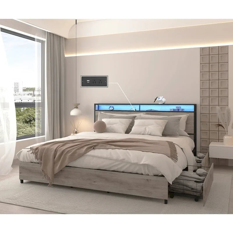 Lit de rangement King Smart avec lumières LED et station de recharge, 4 tiroirs