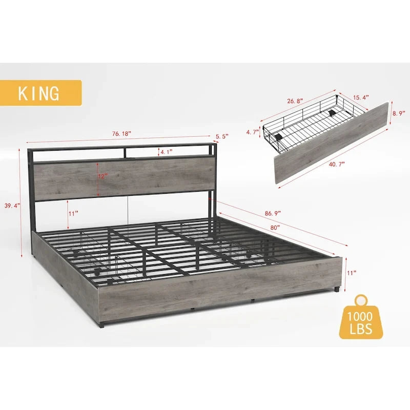 Lit de rangement King Smart avec lumières LED et station de recharge, 4 tiroirs