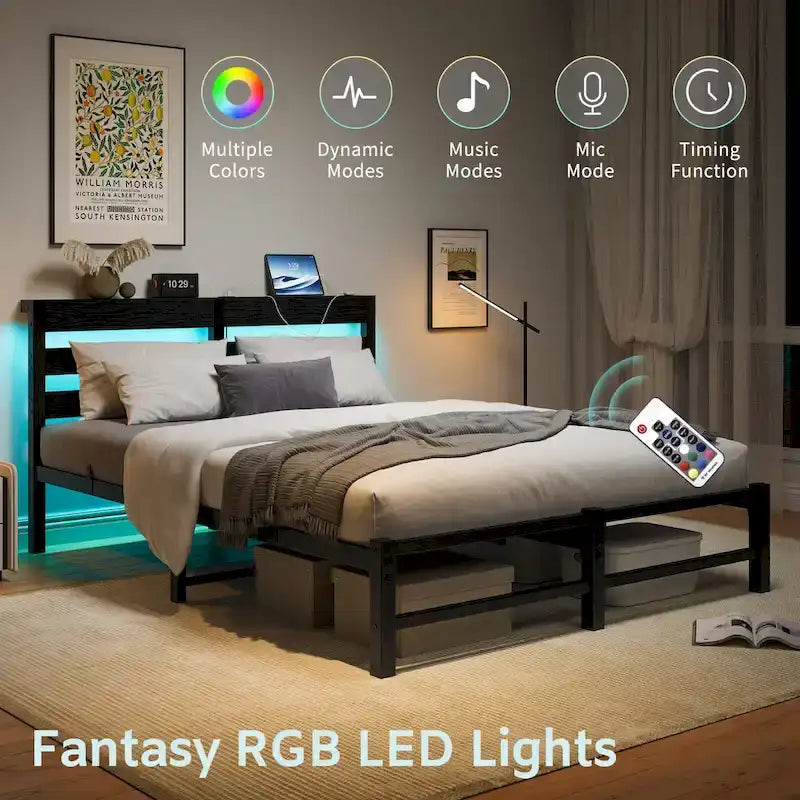 Lit double moderne en métal noir avec tête de lit en bois, lumières RVB