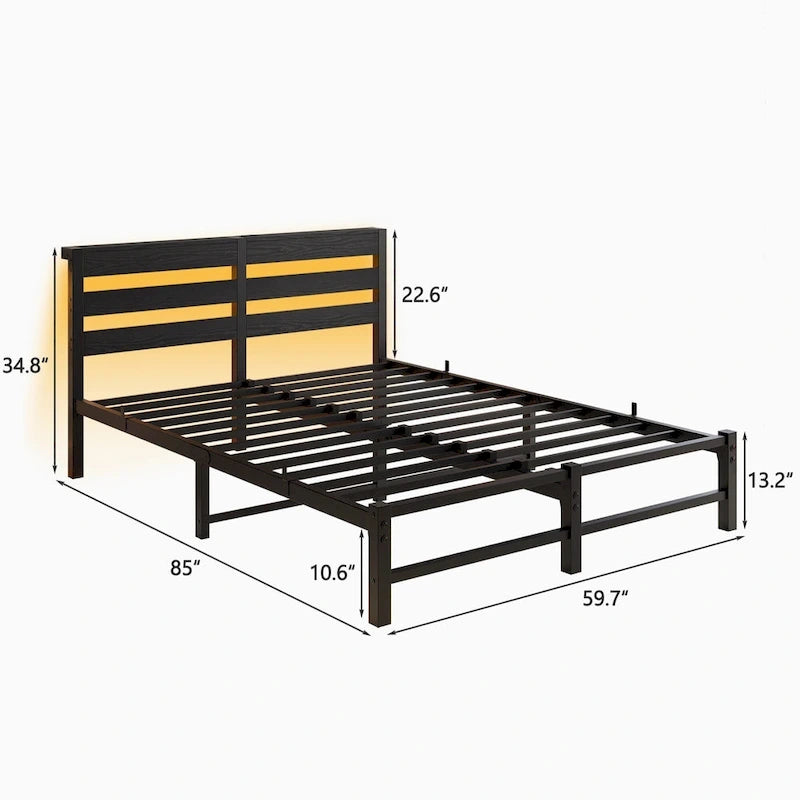 Lit double moderne en métal noir avec tête de lit en bois, lumières RVB