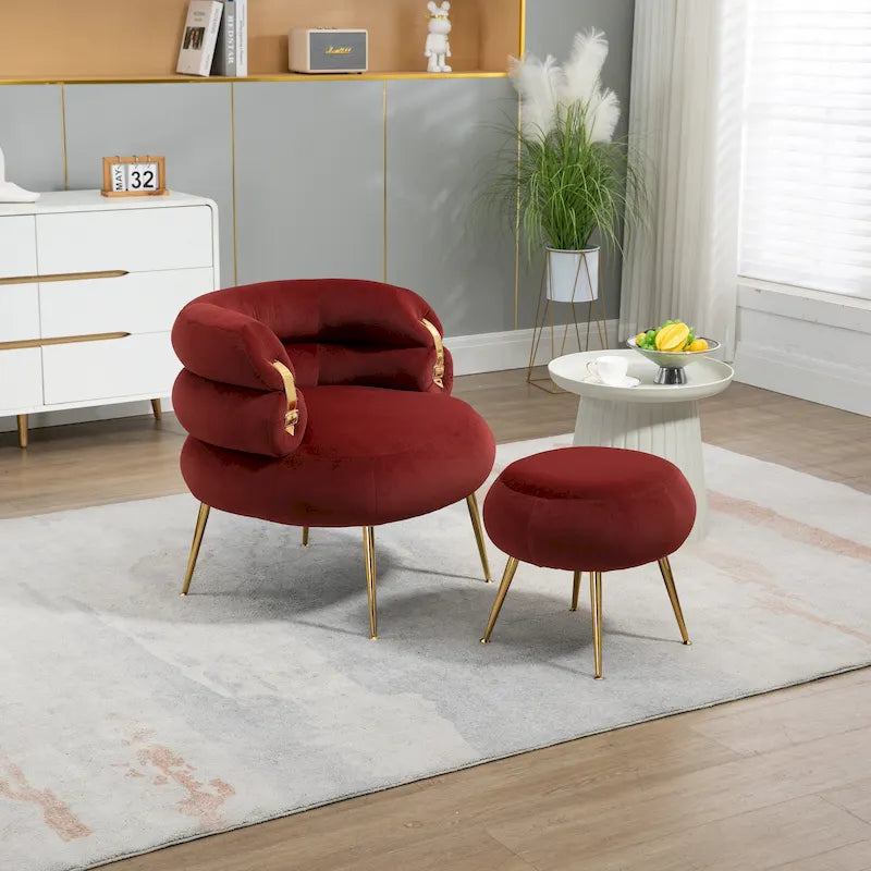 Fauteuil tonneau moderne rembourré rouge lie-de-vin de 74 cm avec pouf et cadre en métal robuste
