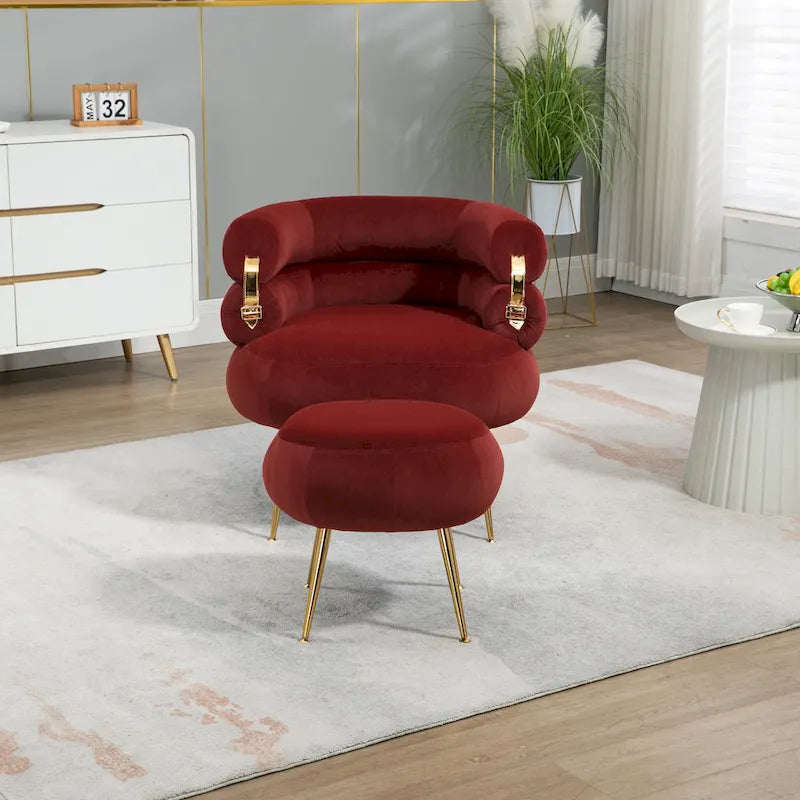 Fauteuil tonneau moderne rembourré rouge lie-de-vin de 74 cm avec pouf et cadre en métal robuste