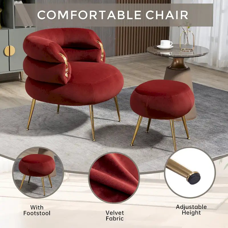 Fauteuil tonneau moderne rembourré rouge lie-de-vin de 74 cm avec pouf et cadre en métal robuste