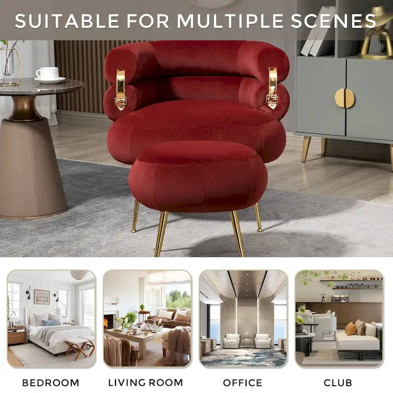 Fauteuil tonneau moderne rembourré rouge lie-de-vin de 74 cm avec pouf et cadre en métal robuste