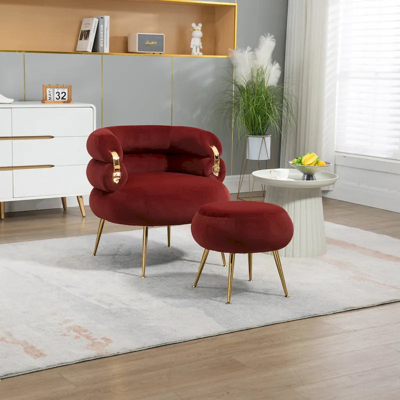 Fauteuil tonneau moderne rembourré rouge lie-de-vin de 74 cm avec pouf et cadre en métal robuste