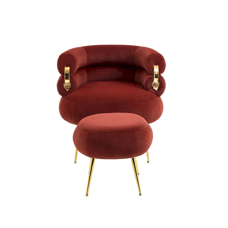 Fauteuil tonneau moderne rembourré rouge lie-de-vin de 74 cm avec pouf et cadre en métal robuste