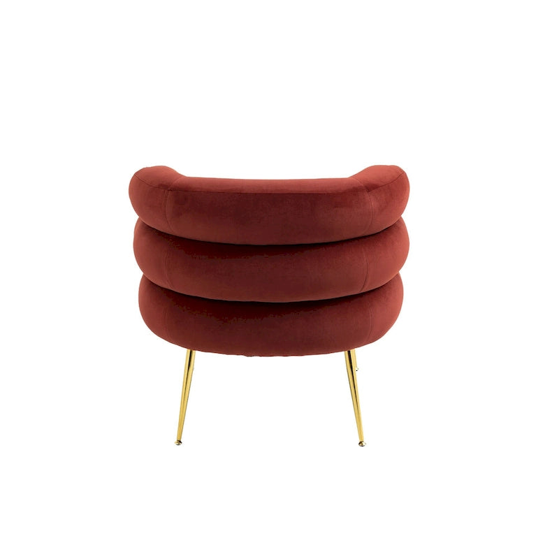 Fauteuil tonneau moderne rembourré rouge lie-de-vin de 74 cm avec pouf et cadre en métal robuste